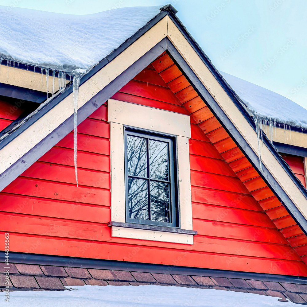 Square Snowy gable roof over dormers with windows and red wood wall against cloudy sky