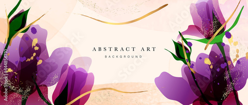 Abstract art flower background vector. Luxury minimal style wallpaper with golden line art floral and botanical leaves, Tulip, rose, Spring growing flowers and Organic shapes watercolor. 