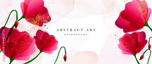 Abstract art flower background vector. Luxury minimal style wallpaper with golden line art floral and botanical leaves, Tulip, rose, Spring growing flowers and Organic shapes watercolor. 