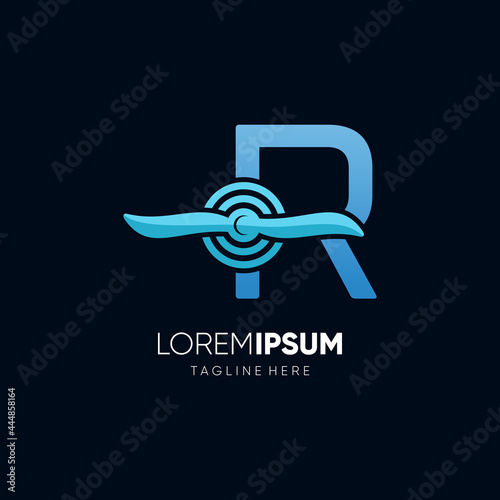 Letter Initial R Airplane Propeller Logo Design Vector Icon Graphic Emblem Illustration 