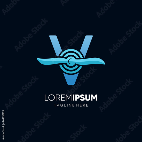 Letter Initial V Airplane Propeller Logo Design Vector Icon Graphic Emblem Illustration 