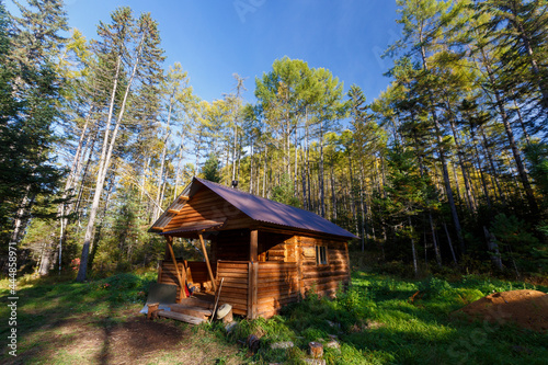 Sikhote-Alin Biosphere Reserve. Far Eastern reserved forest. The wooden hut of the forester stands in the autumn dense forest. Residential blockhouse made of wood. The hermit s hut.