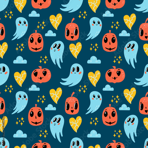 Seamless pattern with the image of ghosts, pumpkins, clouds on a blue background, in vector graphics. For Halloween decoration, covers, wrapping paper, wallpaper, prints for textiles, scrapbooking