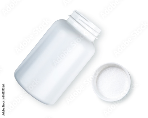 White plastic bottle, container or packer for Pills, tablets, drugs, vitamins. Medicine Concept for pharmacy, hospital, doctor's office, disease, illness, sick people. For Doctor prescription.