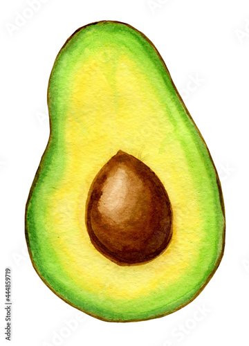 Ripe, dietary, green avocado half with a bone. Juicy watercolor illustration. Fruit clipart on a white background.