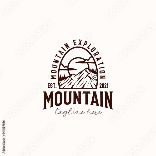 Vintage Sunrise Mountain Pine Tree Evergreen Tree for Outdoor Adventure Logo Design Template Isolated in White Background