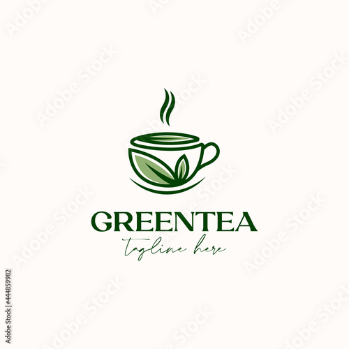 Cup Tea with Green Leaf Green Tea Logo Template Isolated in White Background