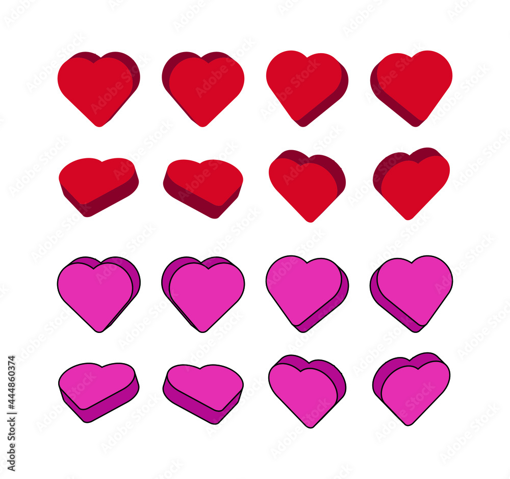 Set of various angle heart icon illustrations.