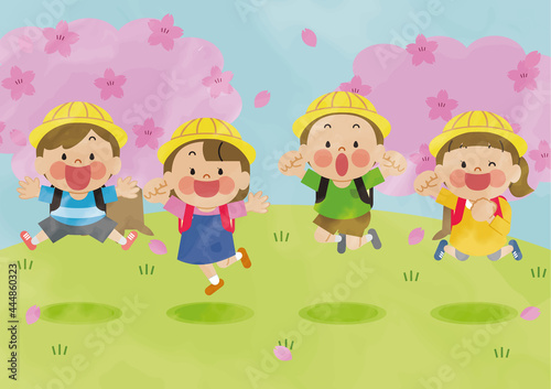 桜の中でジャンプする小学生の子供たち２