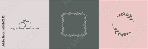 hand drawn line flower logo with floral design and ring for wedding invitation