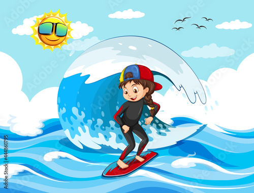 Big wave in the ocean scene with girl standing on a surf board