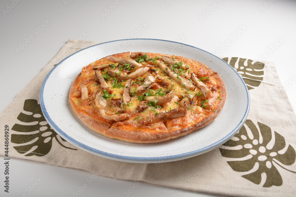asian baked teriyaki bbq chicken cheesy pizza in white background western halal menu