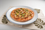 asian baked teriyaki bbq chicken cheesy pizza in white background western halal menu