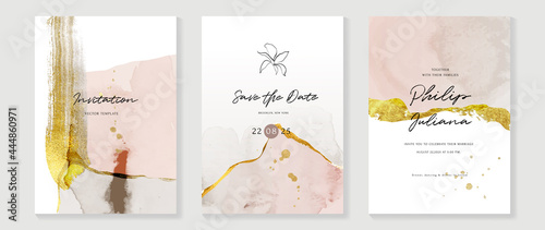 Abstract art background vector. Luxury invitation card background with golden line art flower and botanical leaves, Organic shapes, Watercolor. Vector invite design for wedding and vip cover template.