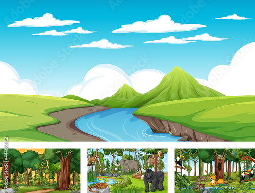 Set of different nature horizontal scene with various wild animals