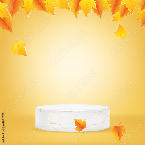 autumn background with podium and leaves. minimal 3d background for promotion.