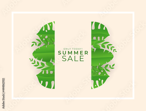 Summer sale banner with paper cut tropical leaves background  exotic floral design for banner  flyer  invitation  poster  web site or greeting card. Paper cut style  vector illustration