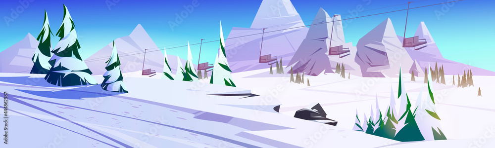 Fototapeta premium Winter landscape with ski lift chairs in mountains with snow and fir trees. Vector cartoon illustration of cableway for skiers, chairlift above slope. Concept of winter sport and leisure activity