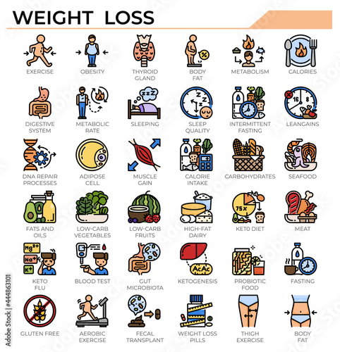 Weight loss and ketogenic diet icon set.