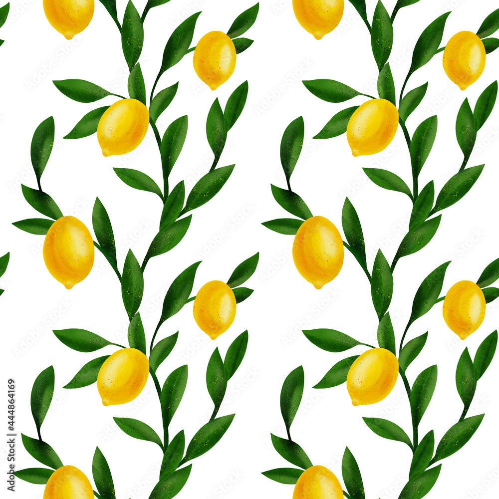 seamless pattern with drawing branches of lemon tree with fruits and leaves, hand drawn illustration seamless pattern with drawing branches of lemon tree with fruits and leaves, hand drawn illustration