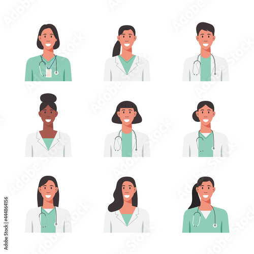 People portraits of females doctor, women face avatars isolated icons set, vector flat illustration