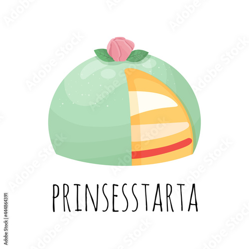 Green marzipan cake. Pink marzipan rose. Swedish birthday cake. Prinsesstarta. Traditional swedish sweet. Vector illustration in the cartoon style.