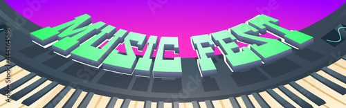 Music fest banner. Invitation to musical festival, live concert event. Vector cartoon illustration of synthesizer keyboard, loudspeakers and microphone