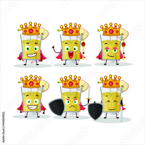 A Charismatic King fresh apple juice cartoon character wearing a gold crown. Vector illustration