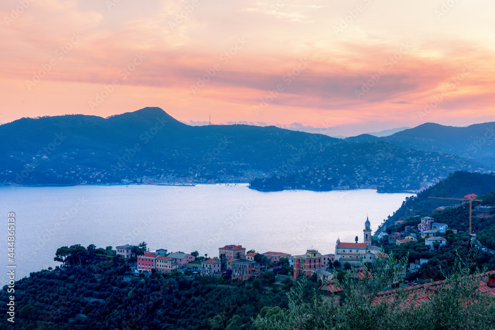Panoramic sunset view to Portofino and Santa Margherita Ligure coastline, view from Chiavari, Liguria, Italy