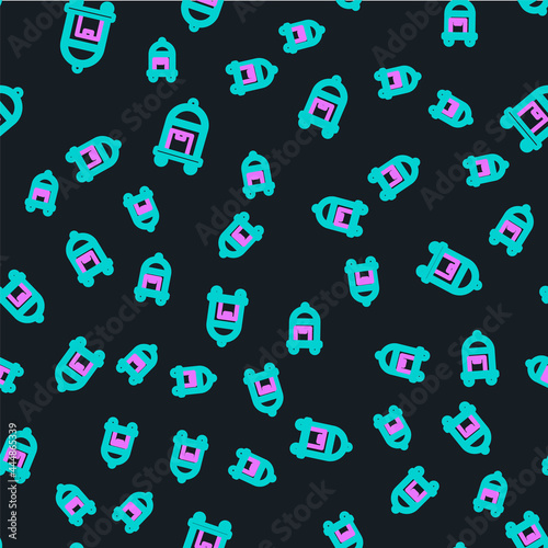 Line Hotel luggage cart with suitcase icon isolated seamless pattern on black background. Traveling baggage sign. Travel luggage icon. Vector