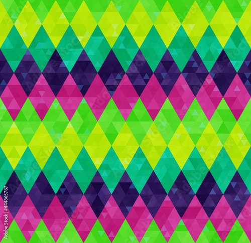 Abstract geometric harlequin pattern from rows of rhombuses in green, yellow, pink and purple colors. Mardi Gras holiday poster backdrop design, wallpaper, packaging, wrapping paper, cover.