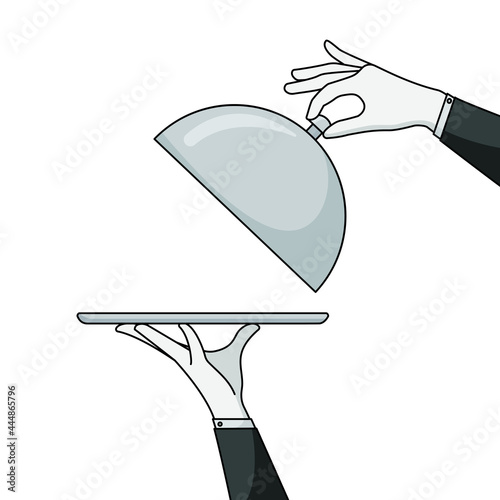 Elegant waiter hands holding silver serving tray and lid cover cloche for food. Vector flat cartoon illustration photo