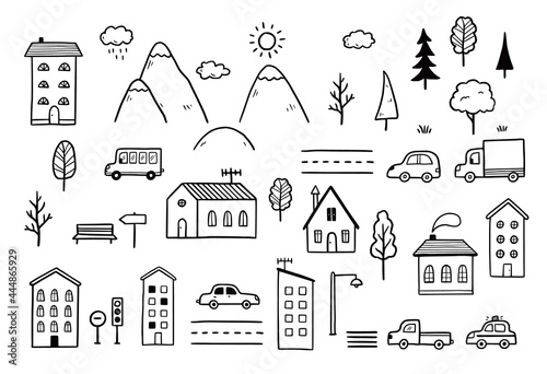 City map with house, landscape element. Hand drawn sketch style. House, tree, mountain vector illustration for village, city map.