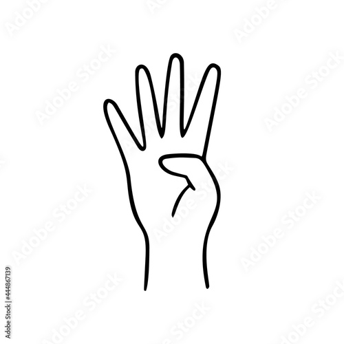 Hand with four fingers splay. Gesture human hand. Vector doodle illustration.