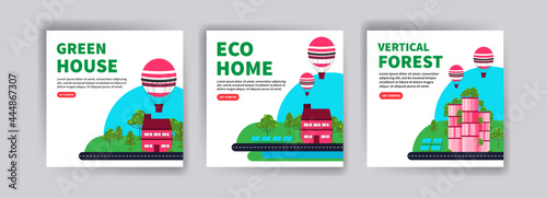 Green house. Eco-friendly house. Vertical forest. Ecology banners for website  social media posts  postcards  cards and backgrounds.