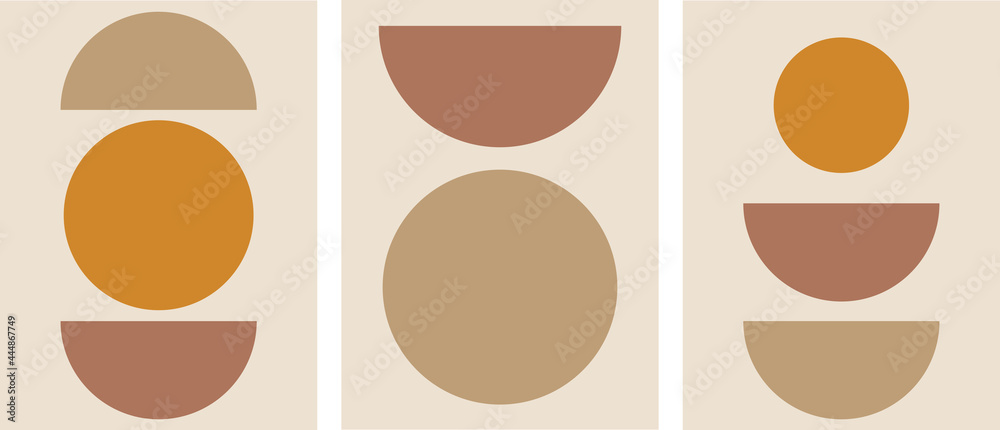 Collection of modern artistic minimalistic abstractions with geometric shapes (circles) on beige background, bauhaus backgrounds