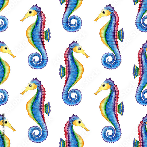 Watercolor illustration of blue seahorse pattern. Seamless sailing marine life print. Ocean dwellers. Isolated on white background. Drawn by hand.