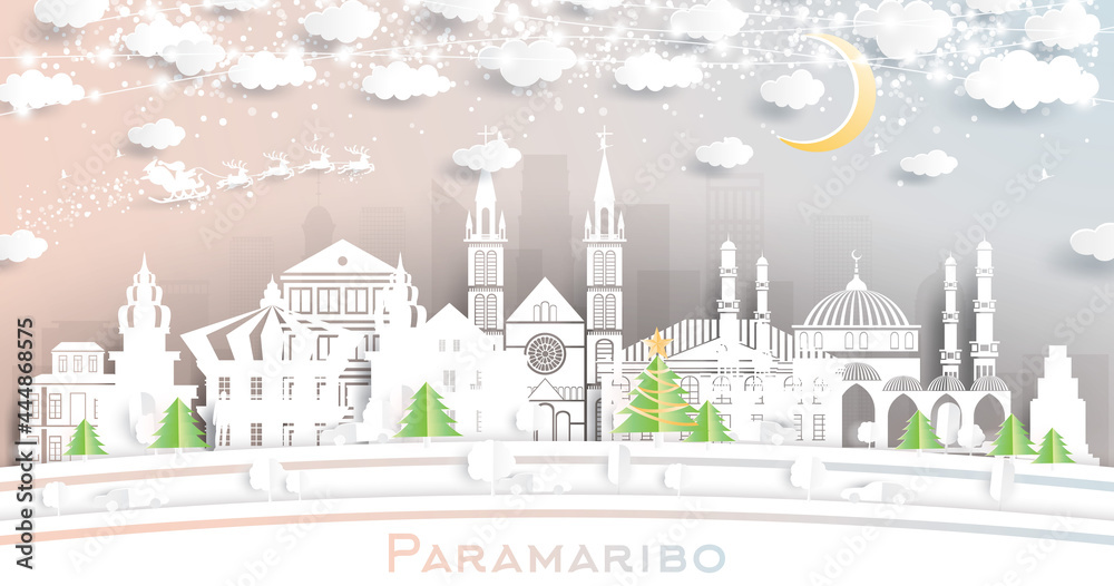 Fototapeta premium Paramaribo Suriname City Skyline in Paper Cut Style with Snowflakes, Moon and Neon Garland.