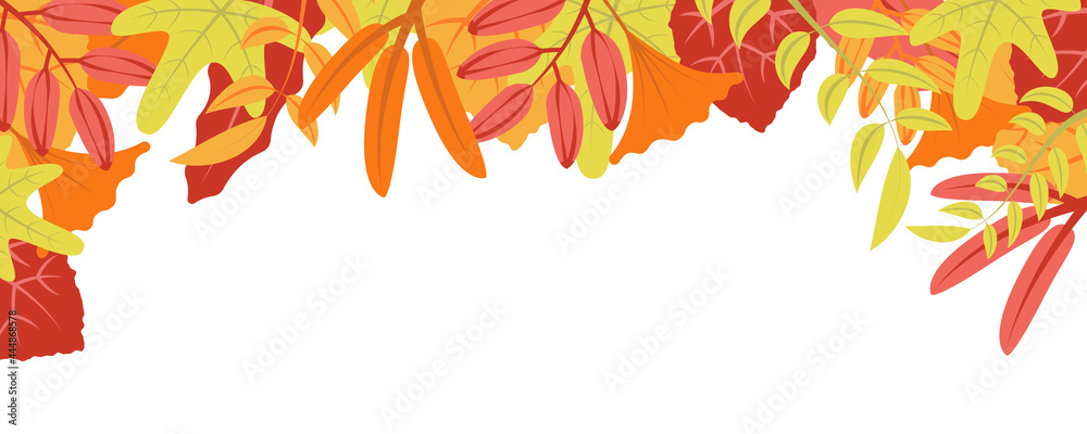 Fototapeta premium Autumn nature background with leafage pattern concept. Horizontal web banner with orange, red and yellow leaves. Autumnal colourful elements border. Vector illustration in flat design for website