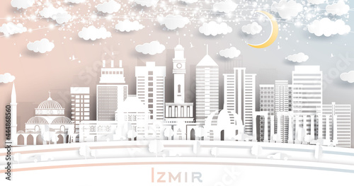 Izmir Turkey City Skyline in Paper Cut Style with White Buildings  Moon and Neon Garland.