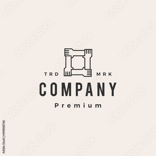 four hand holding each other team work family hipster vintage logo vector icon illustration