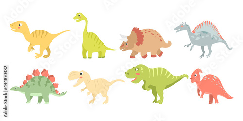 Set of cute carnivorous and herbivorous dinosaurs isolated on white background. Vector illustration in cartoon style for kids