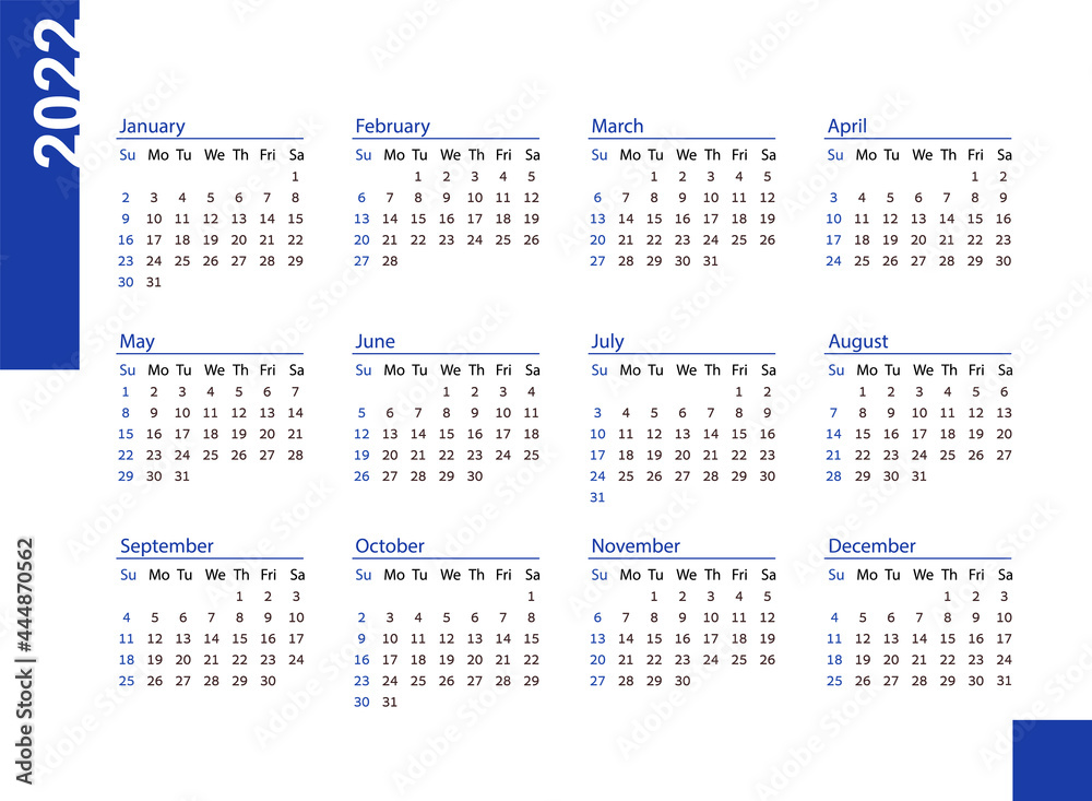 Horizontal blue pocket calendar on 2022 year. Vector template