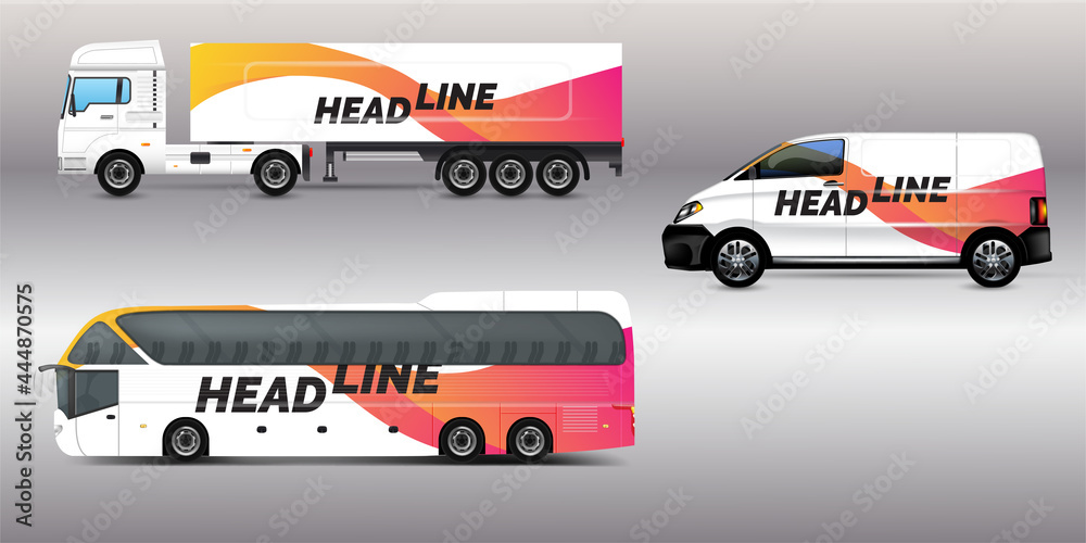 Vector car identity template design set of Coach Promo tour Bus, Cargo Van,  and Commercial Car isolated on grey. Abstract hi-tech technology geometric  elements for Brand identity and Advertising Stock Vector |
