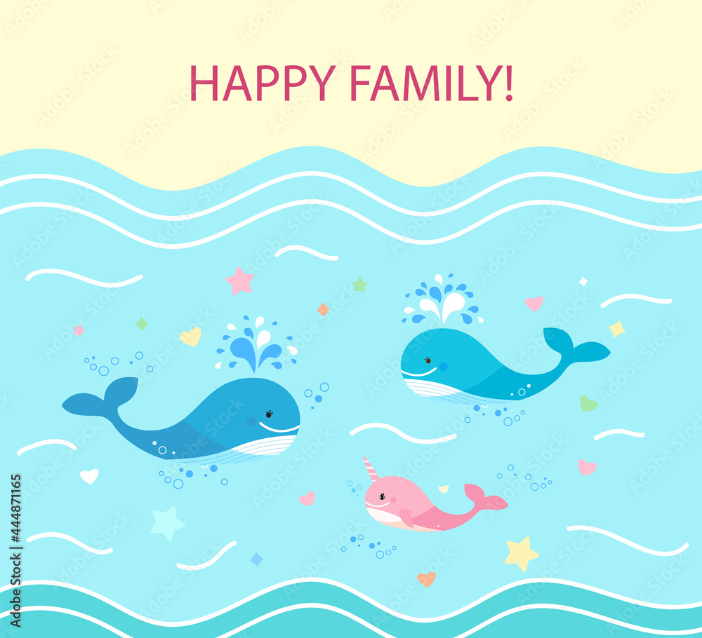 Naklejka premium Square Card, happy family of whales. Dad is blue whale, mom and cub. floating on the sea.