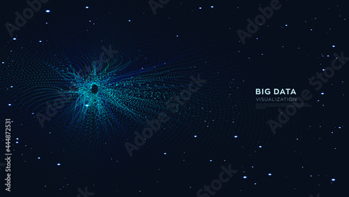 Abstract particle 3d background element, hi-tech and big data algorithms visualization vector illustration with shining dots combination.