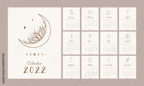 Magic calendar 2022. Template with hands and celestial elements. Abstract aesthetic vector illustration in boho style.