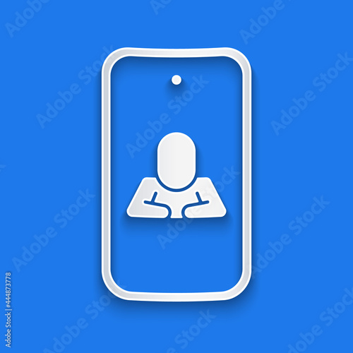 Paper cut Online psychological counseling distance icon isolated on blue background. Psychotherapy, psychological help, psychiatrist online consulting. Paper art style. Vector