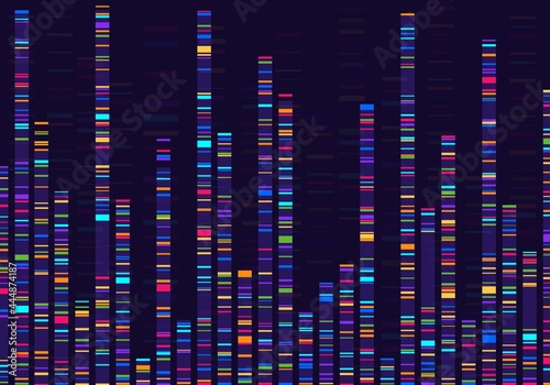 Genomic data visualization. Gene mapping, dna sequencing, genome barcoding, genetic marker map analysis infographic vector concept. Medical chromosome research, laboratory of microbiology