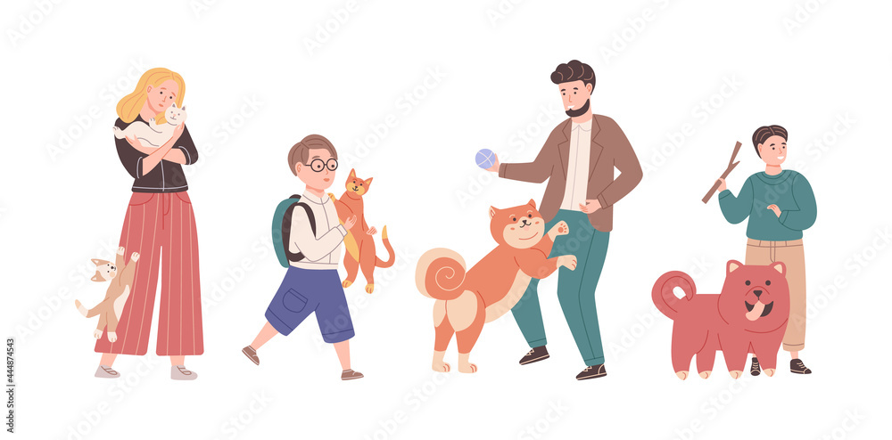 Collection of different people pet owners spending time with domestic animals cartoon vector